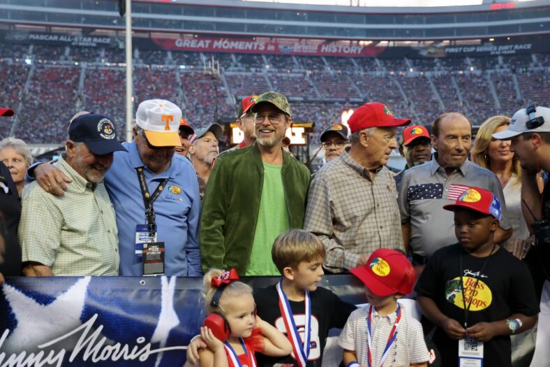 Brad Pitt attends the NASCAR race in Bristol