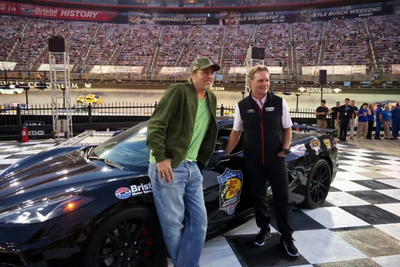 Brad Pitt and Jeff Gordon attend the NASCAR race in Bristol