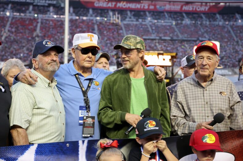 Brad Pitt attends the NASCAR race in Bristol