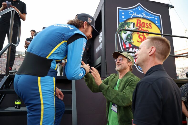 Brad Pitt attends the NASCAR race in Bristol