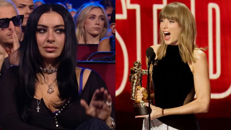 Charli XCX viral clip from VMAs alongside photo of Taylor Swift accepting an award