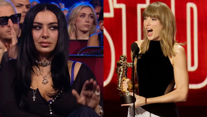 Charli XCX viral clip from VMAs alongside photo of Taylor Swift accepting an award