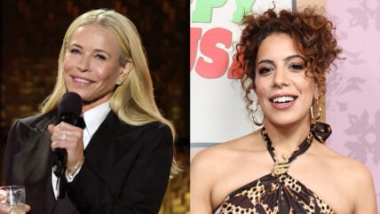Chelsea Handler and Salma Hindy stock photos composite