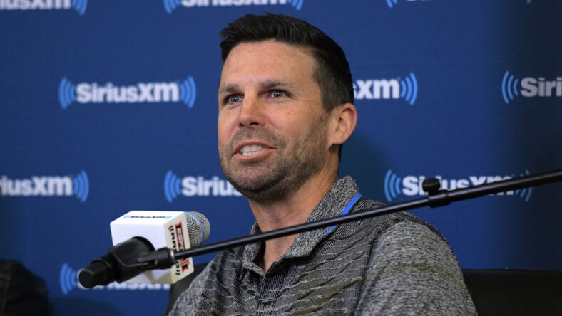 Chris Spatola sits down for SiriusXM's Town Hall With Hall Of Fame Coach Mike Krzyzewski at Bill Brill Media Room in Cameron Indoor Stadium on May 31, 2018 in Durham, North Carolina.