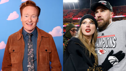 Side-by-side photo of Conan O'Brien in a brown suede jacket at the Toy Story 5 premiere on the left, and a photo of Taylor Swift and Travis Kelce cuddled up at a sporting event on the left.