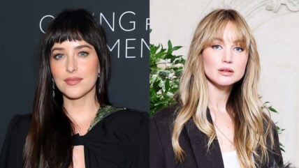 Dakota Johnson and Jennifer Lawrence stock photo composite