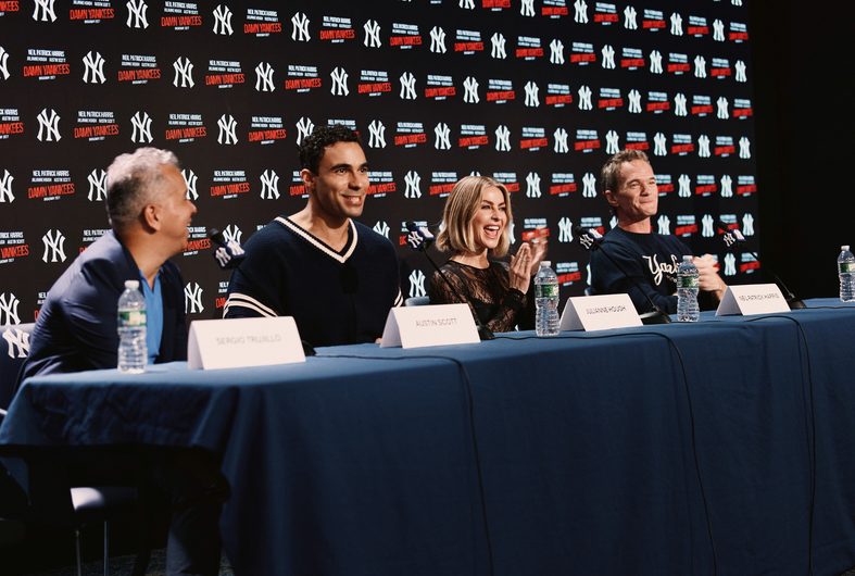 Sergio Trujillo, Austin Scott, Julianne Hough, and Neil Patrick Harris at a press conference announcing the Damn Yankees revival