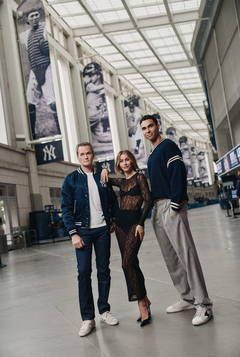 Austin Scott, Julianne Hough and Neil Patrick Harris pose at Yankee Stadium
