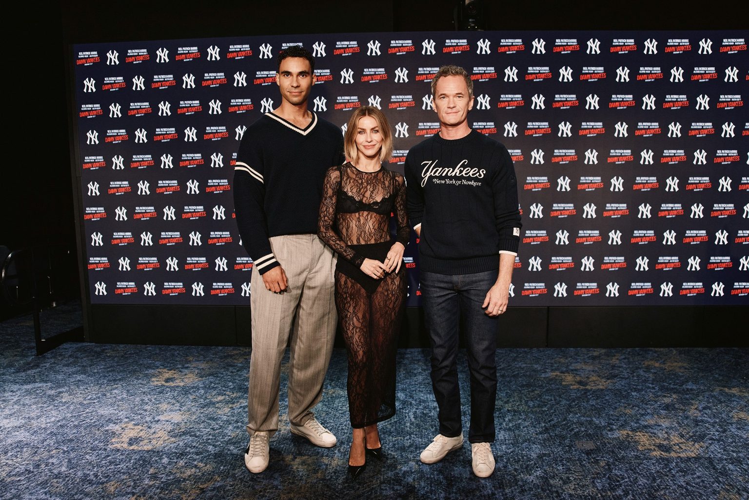 Austin Scott, Julianne Hough and Neil Patrick Harris pose at the Damn Yankees announcement press conference