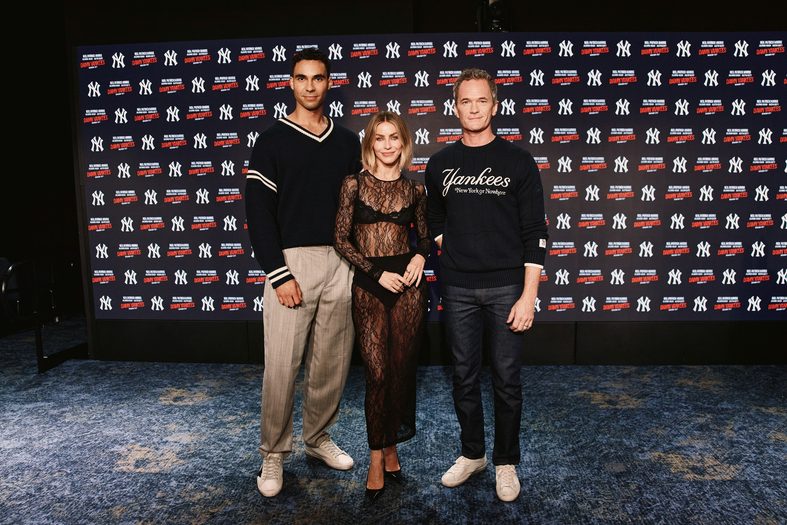 Austin Scott, Julianne Hough and Neil Patrick Harris pose at the Damn Yankees announcement press conference