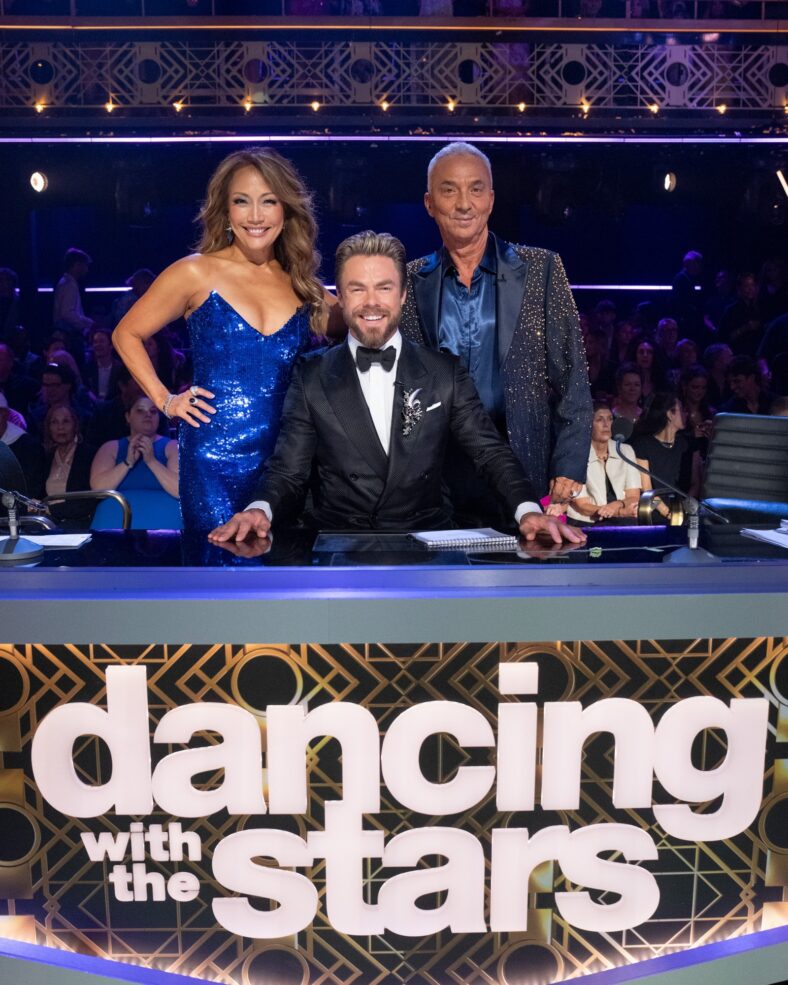 Carrie Anne Inaba, Derek Hough and Bruno Tonioli pose for a photo at the judges panel on Dancing with the Stars
