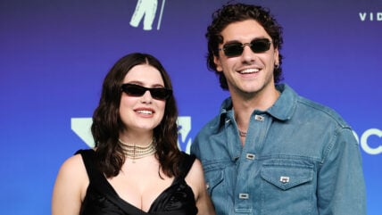 Ella Bright and Belmont Cameli pose on the carpet at the 2026 MTV VMAs