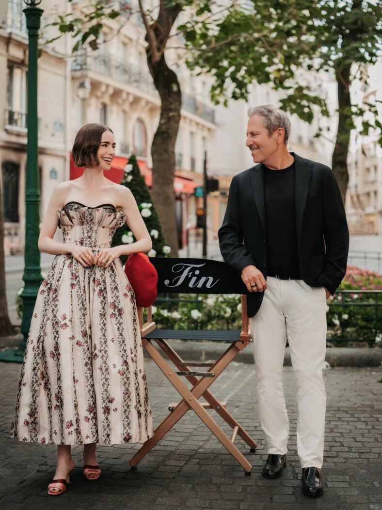 Lily Collins and Darren Star on set of Emily In Paris