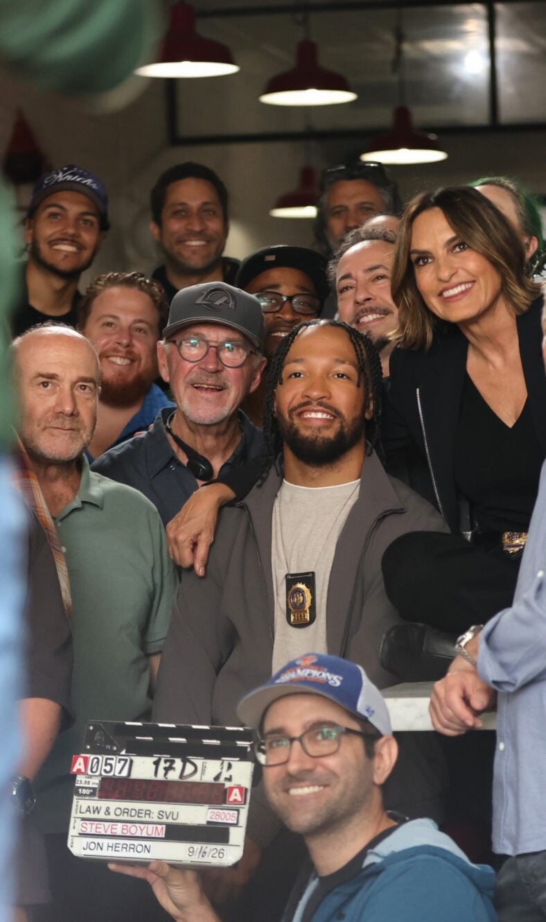 Jalen Brunson and Mariska Hargitay pose with crew on set of Law & Order: SVU