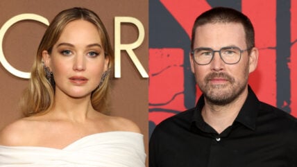 Jennifer Lawrence and Zach Cregger stock photo composite