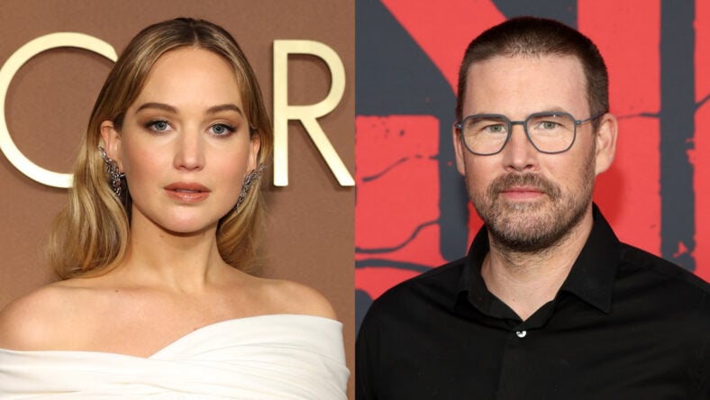 Jennifer Lawrence and Zach Cregger stock photo composite