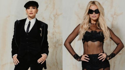 Side by side of Jennifer Lopez and Brooks Nader.