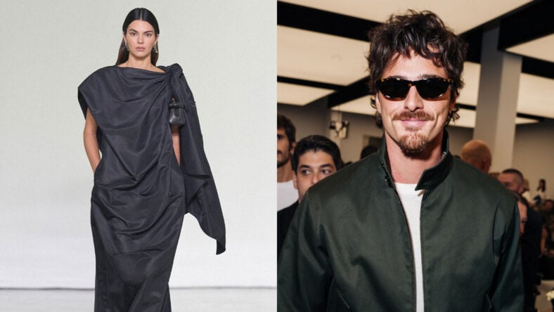 Kendall Jenner on the Bottega Veneta fashion show on the left, Jacob Elordi at the show on the right
