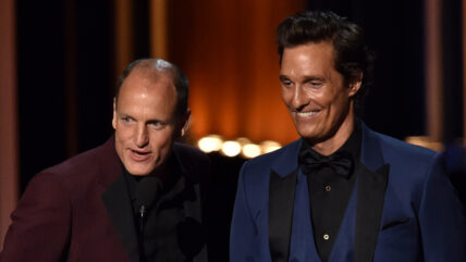Woody Harrelson and Matthew McConaughey speak on stage at the 66th Annual Primetime Emmy Awards
