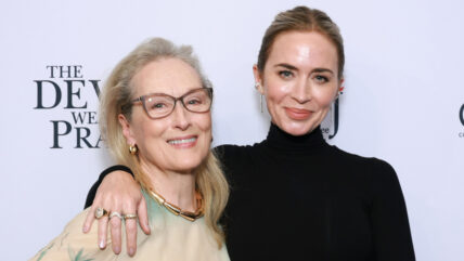 Meryl Streep and Emily Blunt pose together at the Devil Wears Prada 2 clothing auction