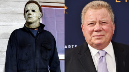Michael Myers actor at Universal next to photo of William Shatner at the Emmys.