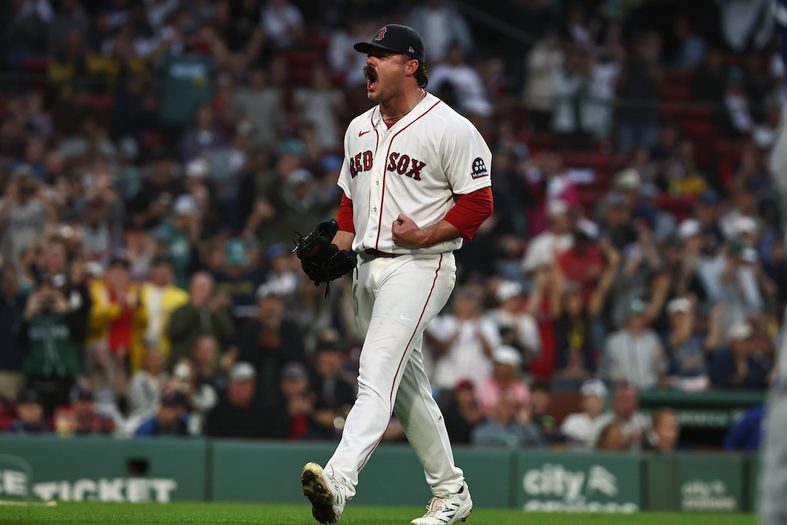 Pitcher Payton Tolle #70 of the Boston Red Sox celebrates the final out of the sixth inning against the Kansas City Royals at Fenway Park