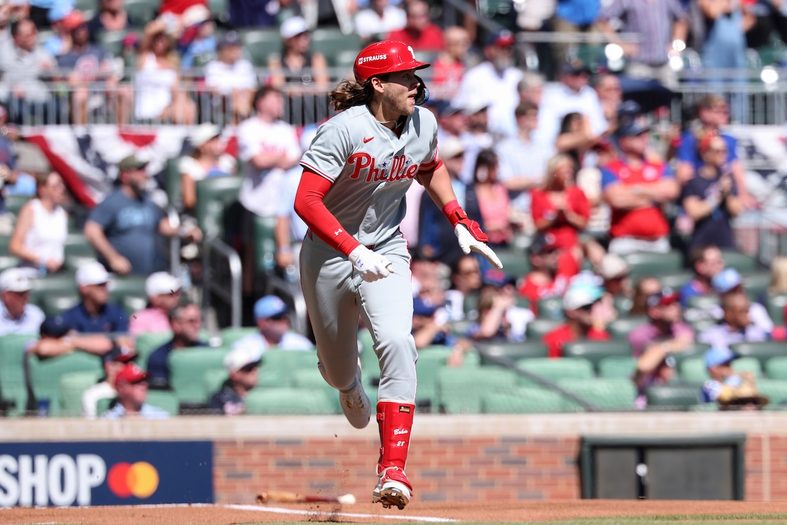Alec Bohm #28 of the Philadelphia Phillies hits an RBI double against the Atlanta Braves during the first inning in game one of the National League Wild Card Series