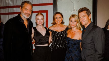 Peter Hermann, Sarah Snook, Mariska Hargitay, Claire Daines, and Hugh Dancy pose for a group photo at NBCUniversal's Pre-Emmys party