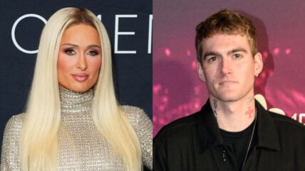 Paris Hilton and Presley Gerber stock photos composite
