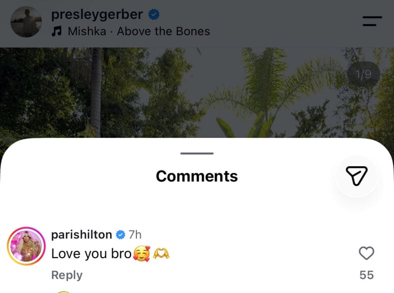 Paris Hilton's comment on Presley Gerber Instagram post