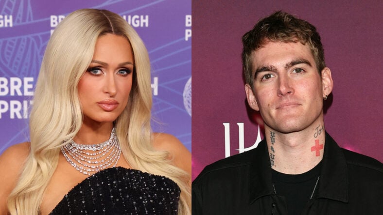 Paris Hilton and Presley Gerber stock photos composite