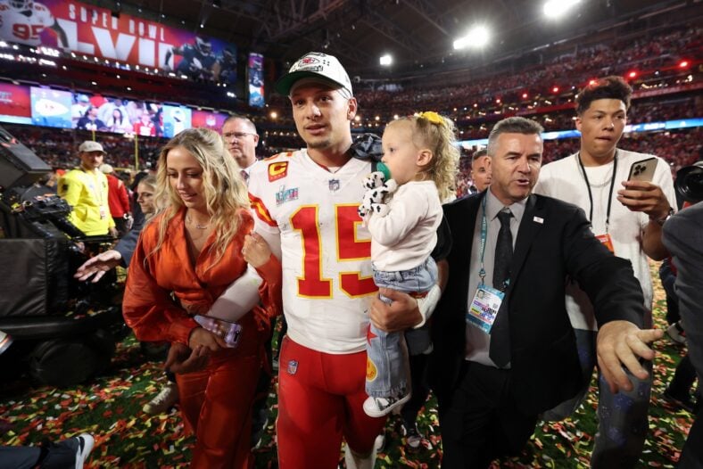 Patrick Mahomes, Brittany Mahomes, and their kids stock images from past NFL game