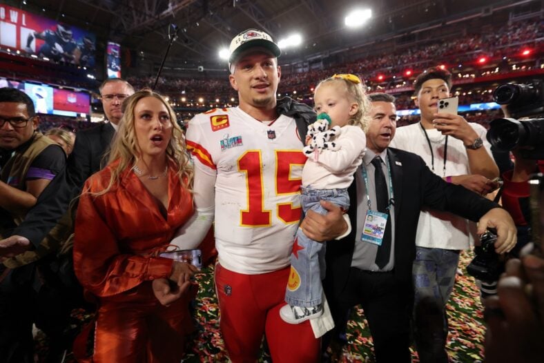 Patrick Mahomes, Brittany Mahomes, and their kids stock images from past NFL game