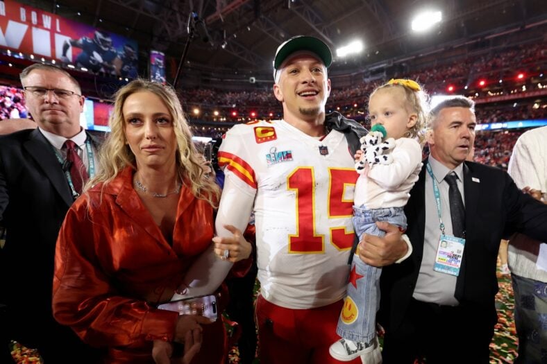 Patrick Mahomes, Brittany Mahomes, and their kids stock images from past NFL game