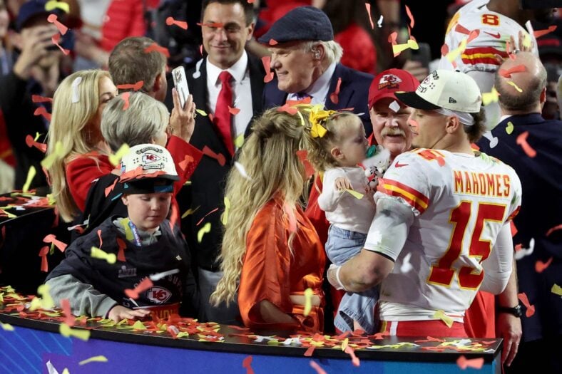 Patrick Mahomes, Brittany Mahomes, and their kids stock images from past NFL game