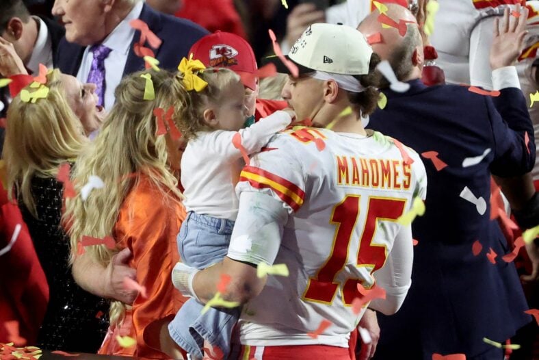 Patrick Mahomes, Brittany Mahomes, and their kids stock images from past NFL game