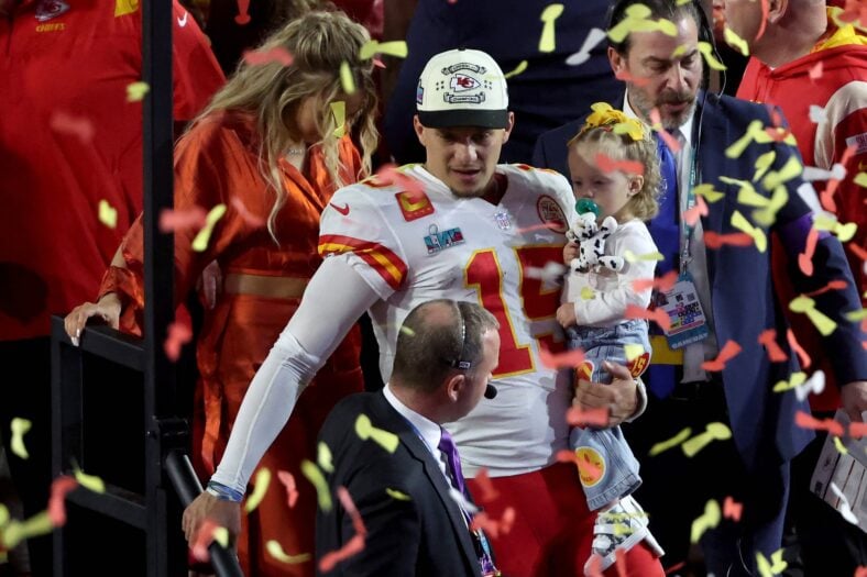 Patrick Mahomes, Brittany Mahomes, and their kids stock images from past NFL game