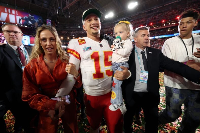 Patrick Mahomes, Brittany Mahomes, and their kids stock images from past NFL game