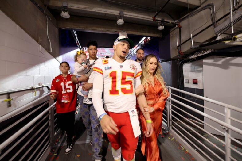 Patrick Mahomes, Brittany Mahomes, and their kids stock images from past NFL game