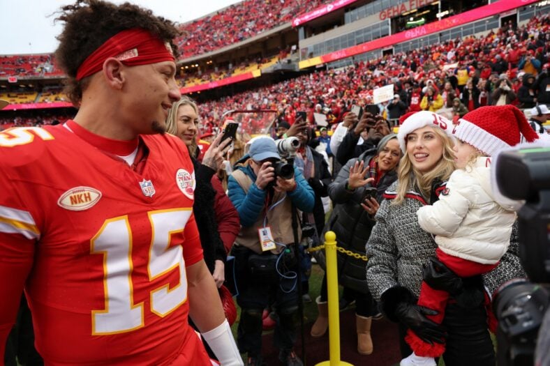 Patrick Mahomes, Brittany Mahomes, and their kids stock images from past NFL game