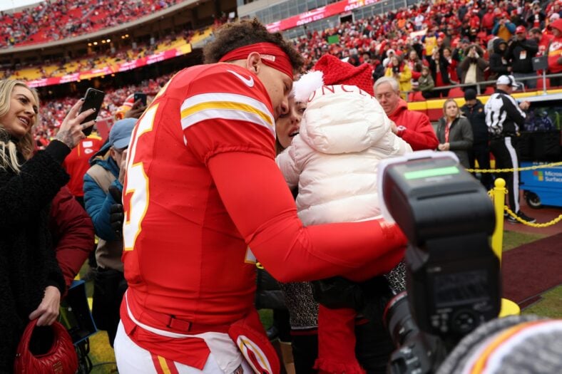 Patrick Mahomes, Brittany Mahomes, and their kids stock images from past NFL game