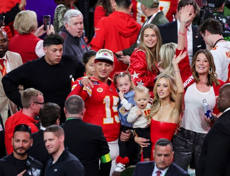 Patrick Mahomes, Brittany Mahomes, and their kids stock images from past NFL game