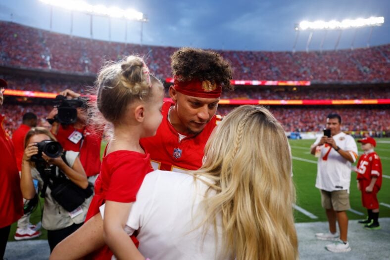 Patrick Mahomes, Brittany Mahomes, and their kids stock images from past NFL game