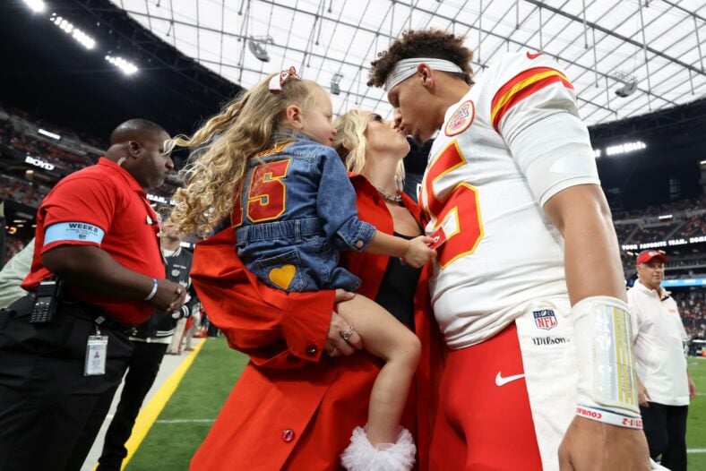 Patrick Mahomes, Brittany Mahomes, and their kids stock images from past NFL game