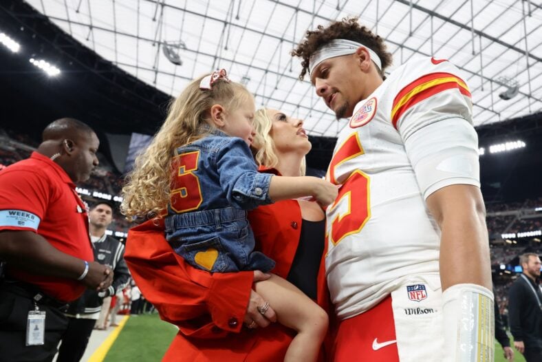 Patrick Mahomes, Brittany Mahomes, and their kids stock images from past NFL game