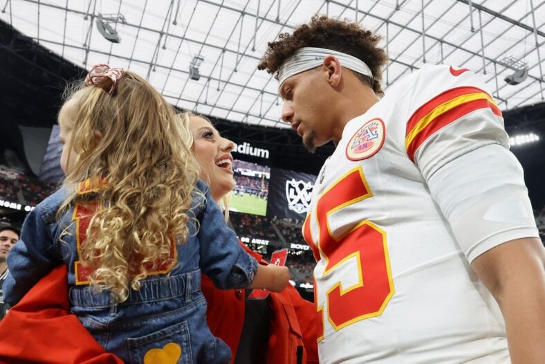 Patrick Mahomes, Brittany Mahomes, and their kids stock images from past NFL game