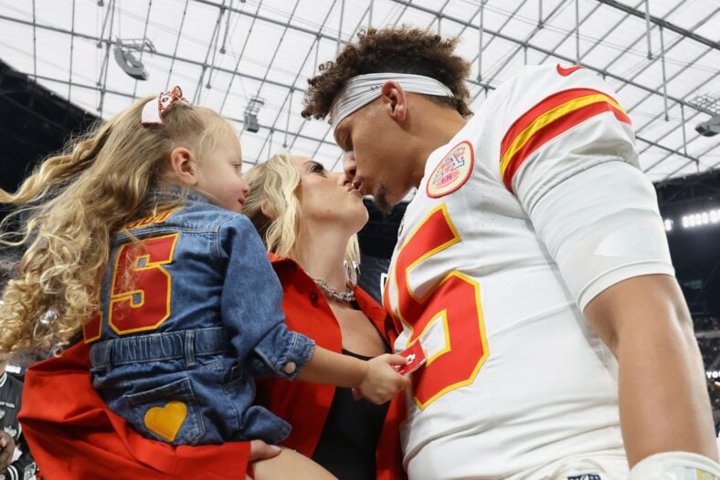 Patrick Mahomes, Brittany Mahomes, and their kids stock images from past NFL game