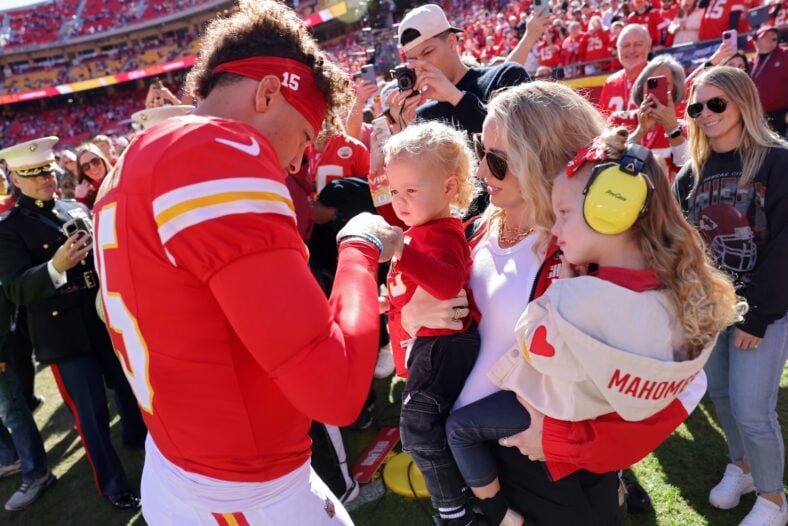 Patrick Mahomes, Brittany Mahomes, and their kids stock images from past NFL game