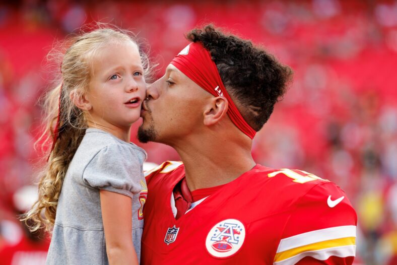 Patrick Mahomes, Brittany Mahomes, and their kids stock images from past NFL game