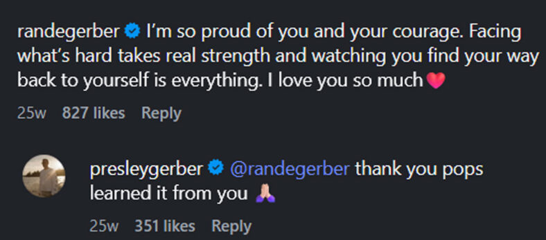 Rande Gerber and Presley Gerber comment exchange screen grab from Instagram